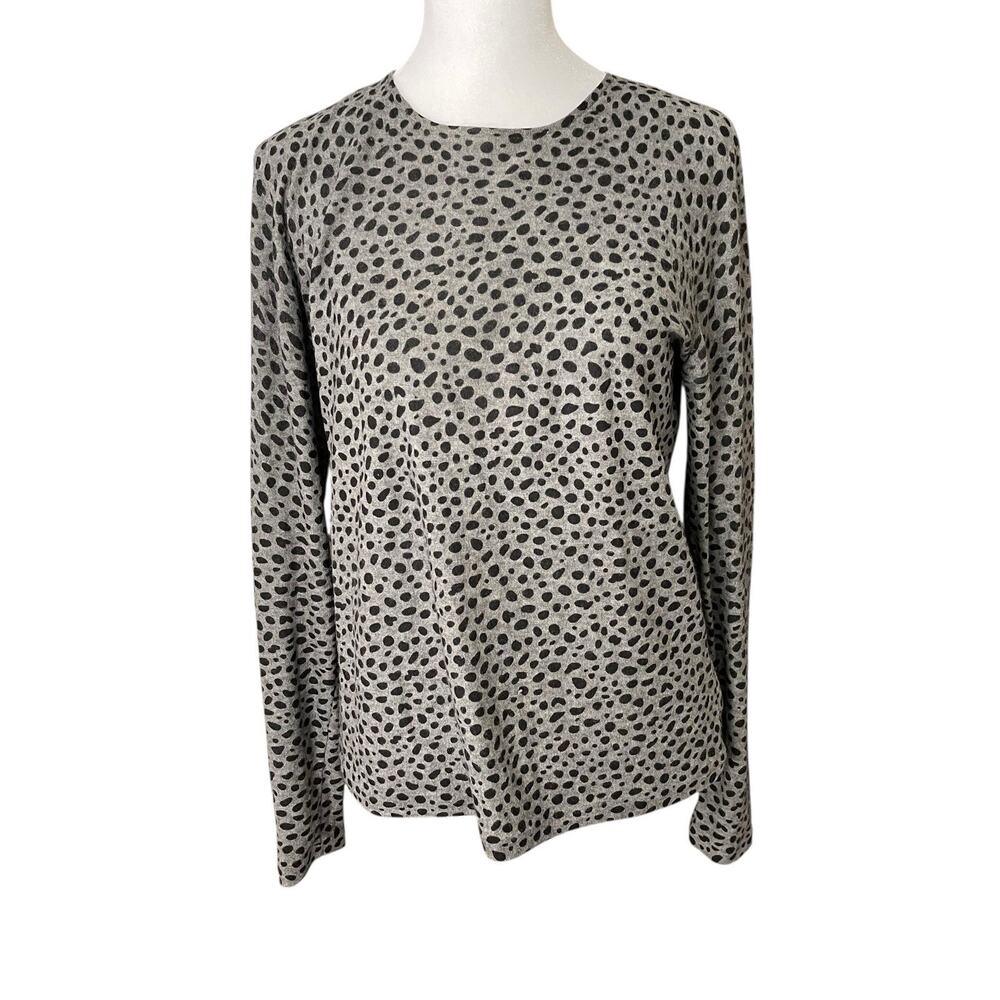 AKRIS US 8 Long Sleeve Top Cashmere Silk Blend Gray Black Dot Print